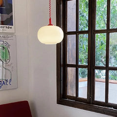 White Opal Glass Ellipse Pendant Light, Red Cord Cap, Twisted Flex, Kitchen Island, Dining Table & Stairwell