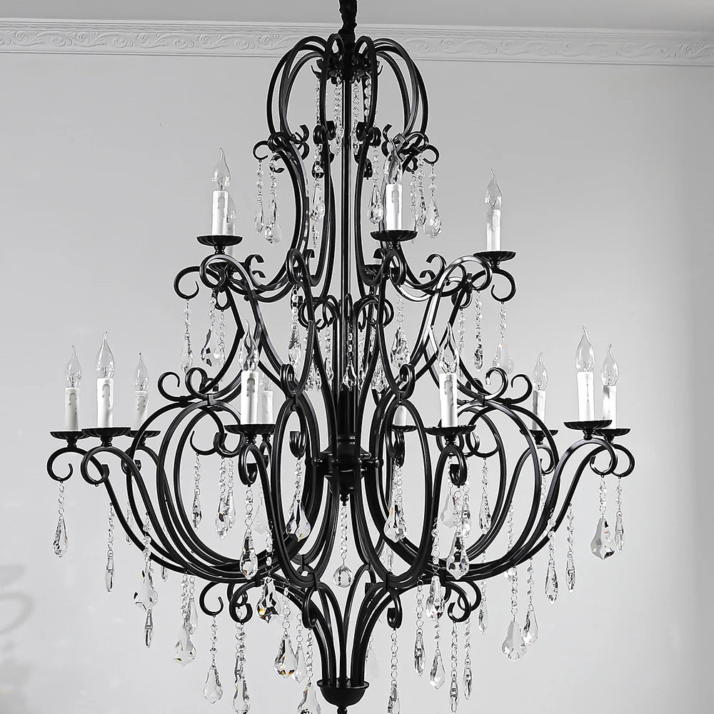 Scrolled Black Iron Branch Chandelier, 18 Light, Clear Crystal Drops, Two Tier Frame, Dining Room and Stairwell