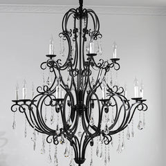 Scrolled Black Iron Branch Chandelier, 18 Light, Clear Crystal Drops, Two Tier Frame, Dining Room and Stairwell