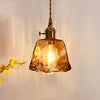 Amber Glass Ruffled Bell Pendant Light, 14cm Shade, Brushed Brass Fitting, Twisted Cord, Bedside & Living Room
