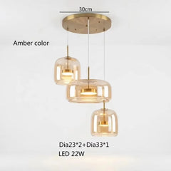 Amber Glass Drum Cluster Pendant Light, Three Light, Brushed Brass Diffuser Disc, Kitchen Island & Dining Table