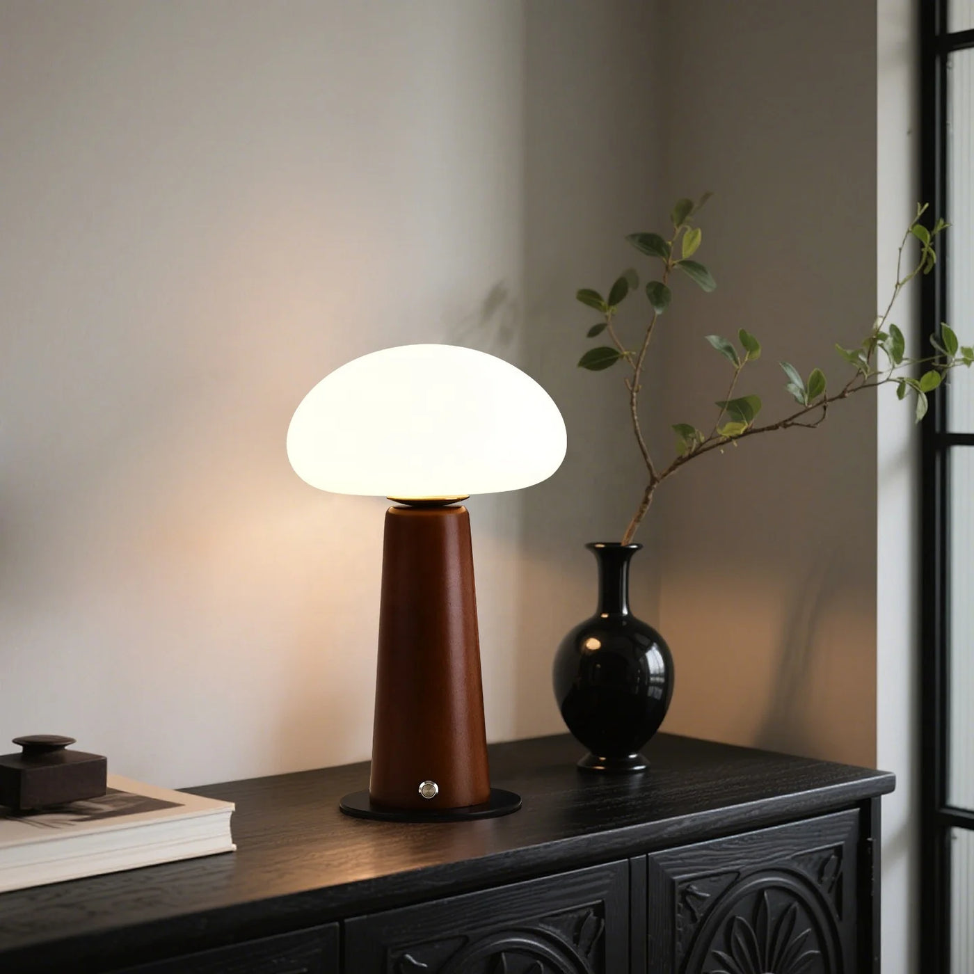 Opal Glass Dome Table Lamp, Tapered Solid Wood Column, Touch Control, Dark Walnut Finish, Bedside & Console, Home Office
