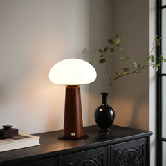 Opal Glass Dome Table Lamp, Tapered Solid Wood Column, Touch Control, Dark Walnut Finish, Bedside & Console, Home Office