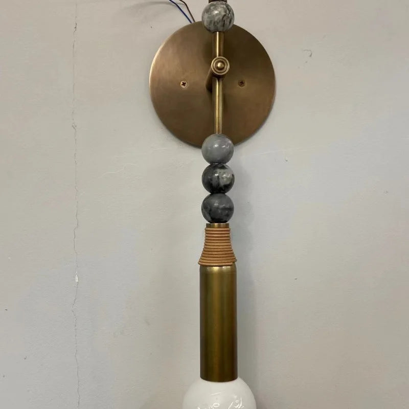 Marbled Stone Bead Wall Light, Antique Brass Rod, Bare Globe Bulb Style, Bedside & Living Room Wall Accent Piece