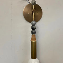 Marbled Stone Bead Wall Light, Antique Brass Rod, Bare Globe Bulb Style, Bedside & Living Room Wall Accent Piece