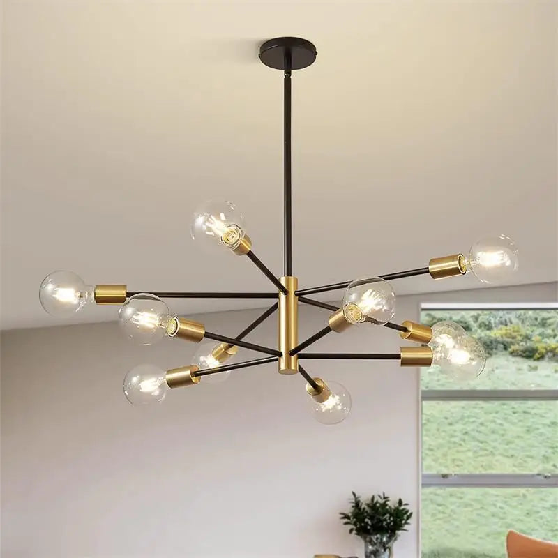 Black and Brass 8 Light Sputnik Chandelier, Asymmetric Rods with Exposed Globe Bulbs, Central Brass Hub, Dining Room & Living Room