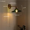 Fluted Glass Bowl Wall Light, Green Finish, Brushed Brass Gooseneck Arm, Pull Cord Switch, Bedroom, Hallway & Living Room