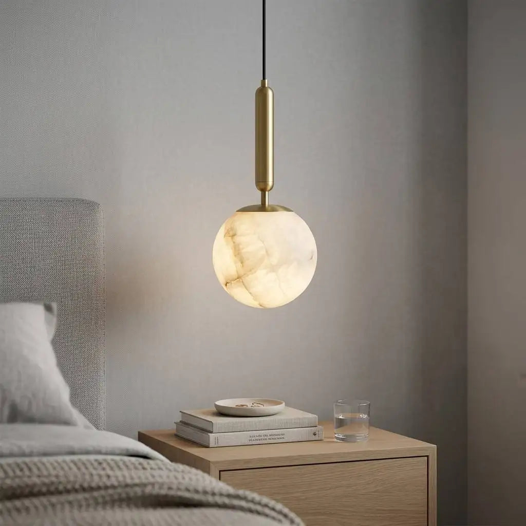 Textured Alabaster Globe Pendant Light, Brushed Brass Stem, Warm Veined Glow, D12 H31cm, Integrated LED, Bedside, Bedroom & Hallway