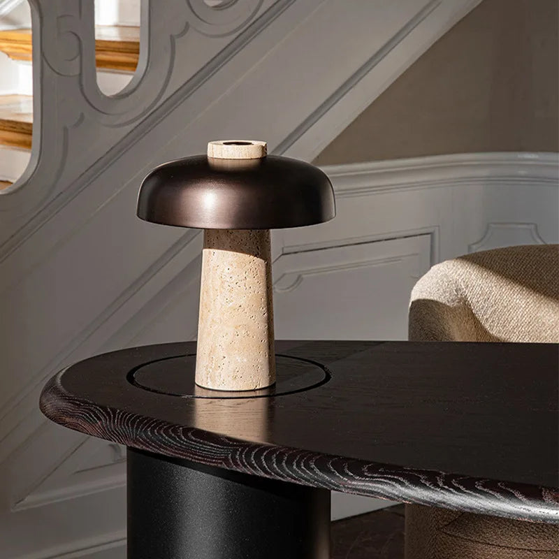 Natural Travertine Mushroom Table Lamp, White Metal Dome Cap, Tapered Stone Column, Living Room, Study & Bedside