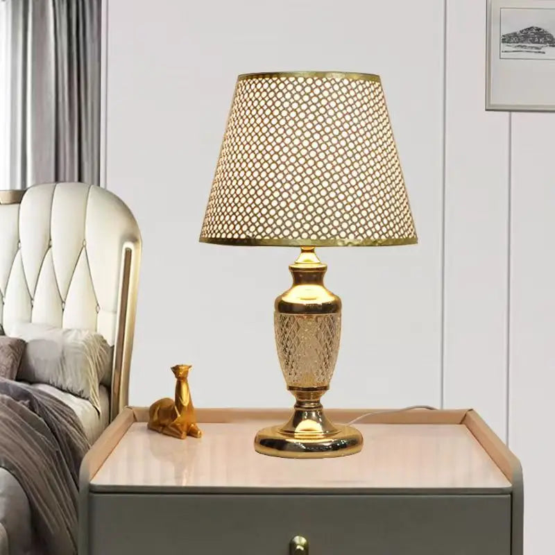 Gold and Brass Table Lamp, Perforated fabric shade in a trellis dot pattern, Turned Brass Baluster Base, Bedside & Console