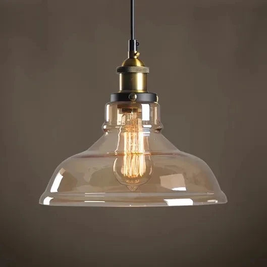 Smoked Amber Glass Cone Pendant Light, Antique Brass Holder, Exposed Lamp, Knurled Grip Band, Kitchen Island & Dining Table