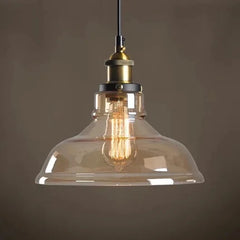 Smoked Amber Glass Cone Pendant Light, Antique Brass Holder, Exposed Lamp, Knurled Grip Band, Kitchen Island & Dining Table