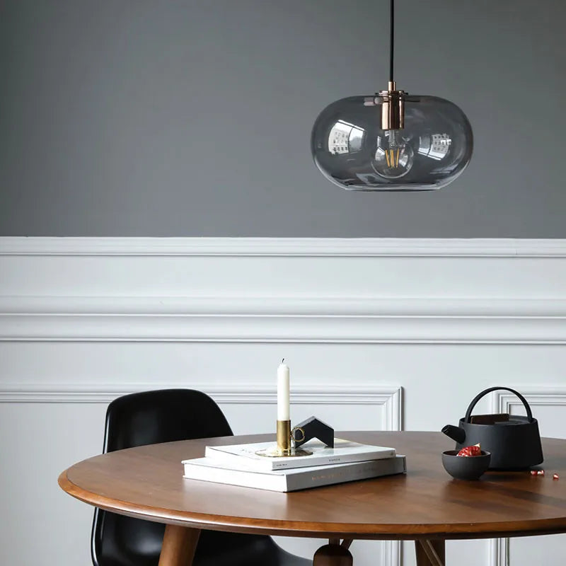 Smoked Brown Glass Ellipse Pendant Light, Rounded Drum on a Copper Cap, Bulb Not Included, Dining Table & Living Room