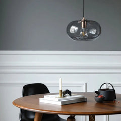 Smoked Brown Glass Ellipse Pendant Light, Rounded Drum on a Copper Cap, Bulb Not Included, Dining Table & Living Room