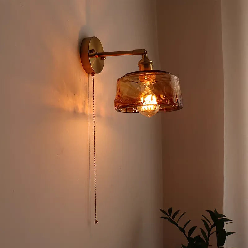 Fluted Glass Bell Wall Light, Clear Finish, Brushed Brass Gooseneck Arm, Pull Cord Switch, Bedroom, Hallway & Living Room