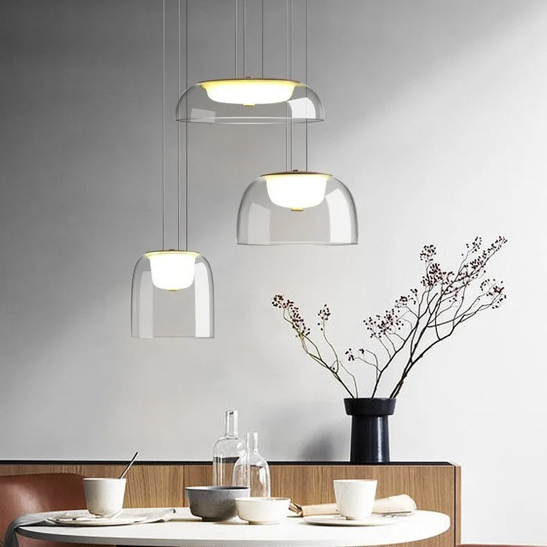 Clear Glass Dome Pendant Light, 28cm Shade, Gold Metal Trim, Opal Diffuser Ball, Dining Table & Kitchen Island