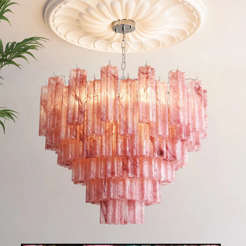 Fluted Glass Tiered Chandelier, Wine Red Finish, Chrome Chain Suspension, 150cm Drop, Bulb Not Included, Dining Room & Living Room