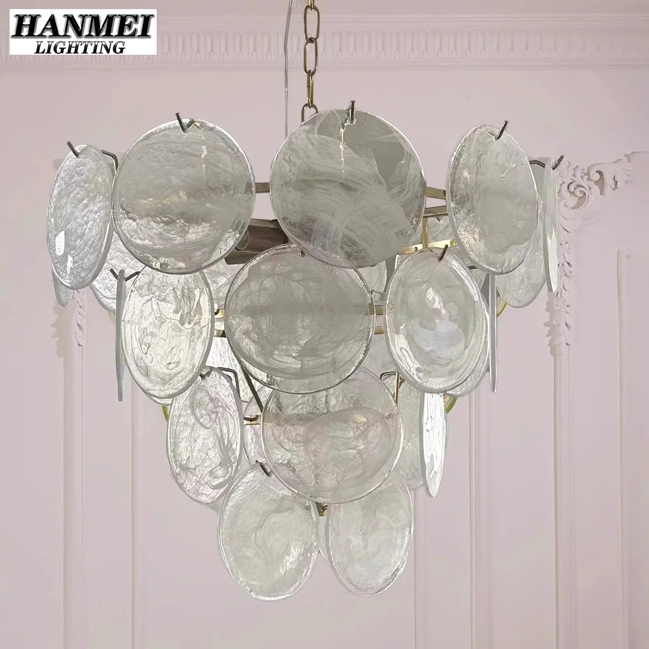 Textured White Glass Disc Chandelier, Polished Chrome Frame, Chain Suspension, D60 x H38cm, Dining Room & Living Room
