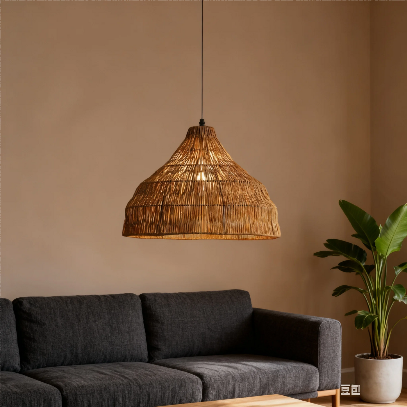 Woven Rattan Dome Pendant Light, Natural Finish, Collar Top Silhouette, Kitchen Island, Dining Table & Living Room
