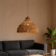 Woven Rattan Dome Pendant Light, Natural Finish, Collar Top Silhouette, Kitchen Island, Dining Table & Living Room