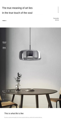Smoked Grey Glass Drum Pendant Light, 33cm Shade, Brushed Brass Ring Fitting, Cord Suspended, Dining Table & Kitchen Island