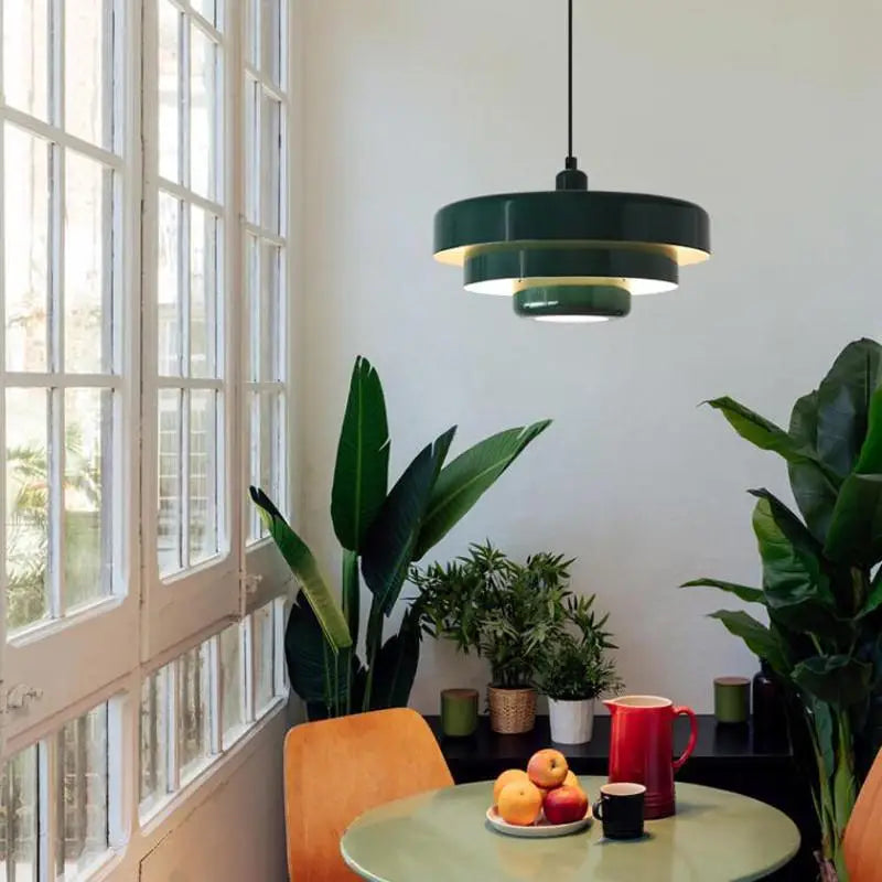 Glossy Dark Green Steel Tiered Pendant Light, Three Graduated Discs in a Lacquered Finish, Bulb Not Included, Dining & Kitchen