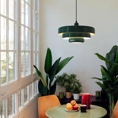 Glossy Dark Green Steel Tiered Pendant Light, Three Graduated Discs in a Lacquered Finish, Bulb Not Included, Dining & Kitchen