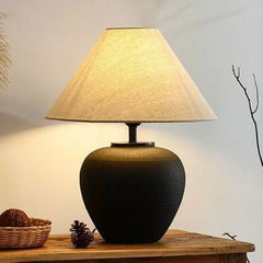 Textured White Ceramic Urn Table Lamp, Natural Linen Cone Shade, Rounded Silhouette, Bedside, Console & Living Room