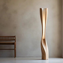 Sculptural Twisted Wood Column Floor Lamp, Brown Tone, Freestanding Base, Living Room, Dining Room & Reading Corner