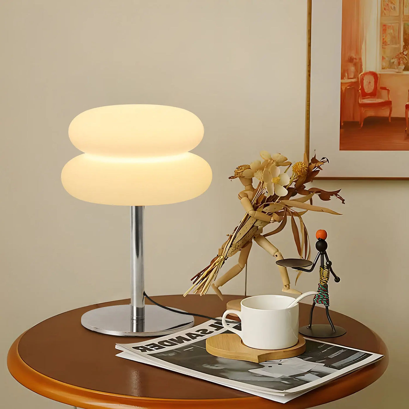 Sculptural White Pebble Table Lamp, Stacked Rounded Glass Forms on a Polished Chrome Base, Living Room and Bedside