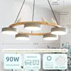 Textured Wood Ring Chandelier, 5 Grey Drum Shades, Resin Bird Detail, Natural Finish, Dining Room & Living Room