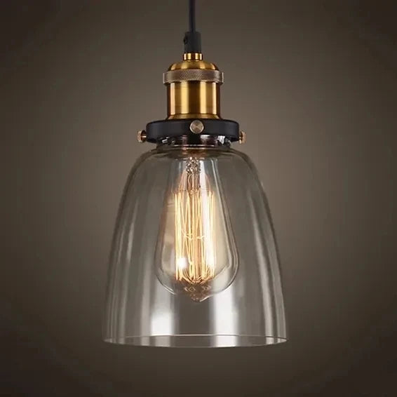 Smoked Amber Glass Cone Pendant Light, Antique Brass Holder, Exposed Lamp, Knurled Grip Band, Kitchen Island & Dining Table