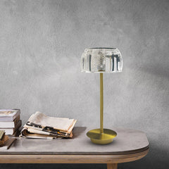 Ribbed Crystal Dome Table Lamp, Brass Stem and Base, Rechargeable Cordless Touch Control, Bedside, Console & Patio