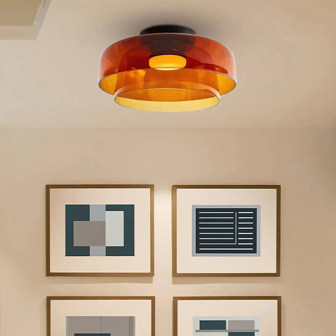 Tiered Amber Glass Semi Flush Ceiling Light, Single Dome Layer, Black Ceiling Canopy, D42 x H11cm, Hallway & Living Room