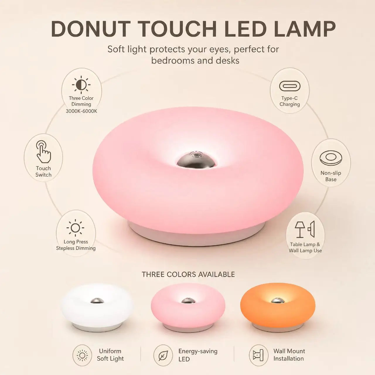 White Opal Glass Ring Touch Table Lamp, Donut Silhouette, Colour Changing Ambient Glow, Remote Control, Plug-In, Bedside & Living Room