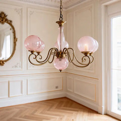 Pink Glass Globe Cluster Chandelier, 9 Spheres on Scrolled Brass Arms, Chain Suspension, Dining Room and Hallway