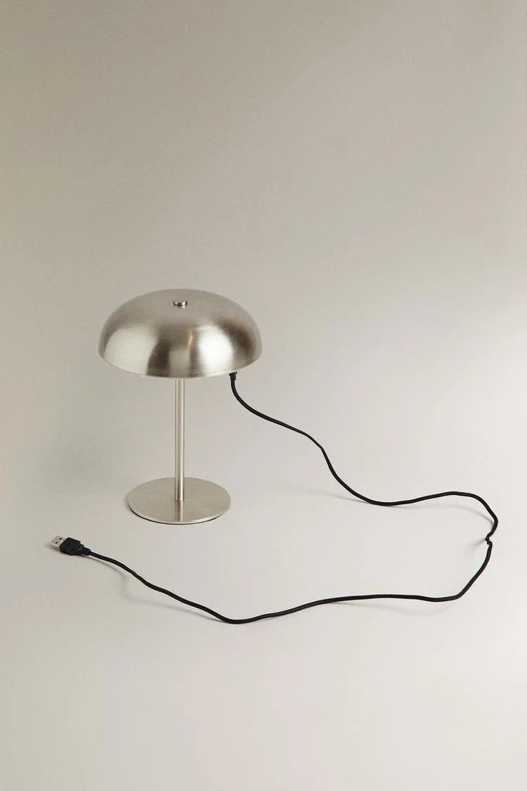 Compact Brushed Nickel Dome Table Lamp, Adjustable Warm Glow, Rechargeable USB Base, Bedside, Living Room & Home Office