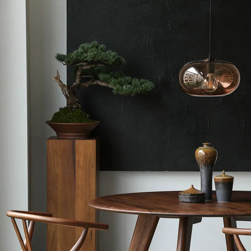 Smoked Brown Glass Ellipse Pendant Light, Rounded Drum on a Copper Cap, Bulb Not Included, Dining Table & Living Room