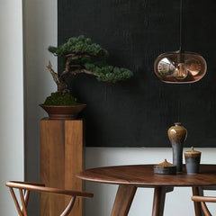 Smoked Brown Glass Ellipse Pendant Light, Rounded Drum on a Copper Cap, Bulb Not Included, Dining Table & Living Room