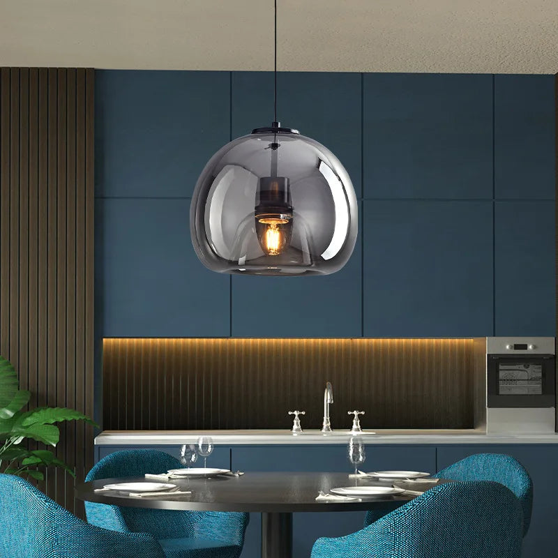 Smoked Amber Glass Globe Cluster Pendant Light, 3 Ombre Spheres on Individual Cables, Dining Table & Kitchen Island