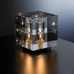 Clear Crystal Column Table Lamp, Faceted Glass with a Visible Filament Tube, Round Brass Base, Bedside & Console