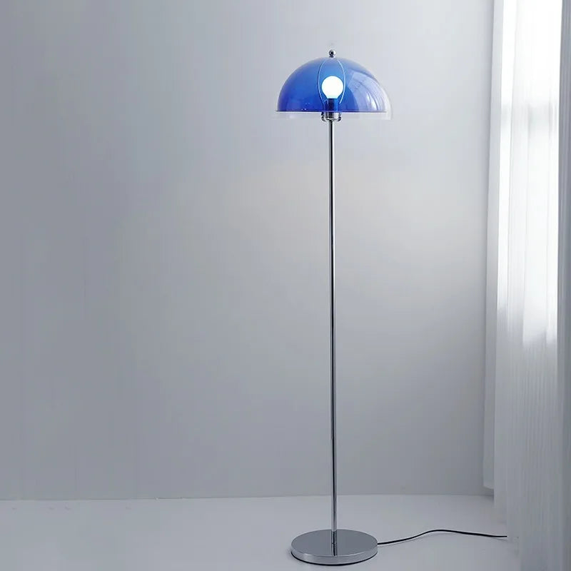 Blue Dome Floor Lamp, Mushroom Shaped Shade on a Slim Chrome Pole, Round Base, Living Room and Reading Corner