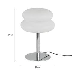Sculptural White Pebble Table Lamp, Stacked Rounded Glass Forms on a Polished Chrome Base, Living Room and Bedside