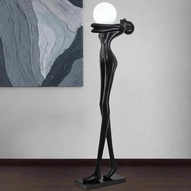 Matt Black Resin Figure Floor Lamp, 175cm, Frosted Sphere Light, Sculptural Standing Form, Living Room & Hallway Corner