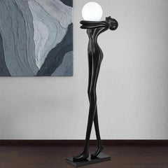 Matt Black Resin Figure Floor Lamp, 175cm, Frosted Sphere Light, Sculptural Standing Form, Living Room & Hallway Corner