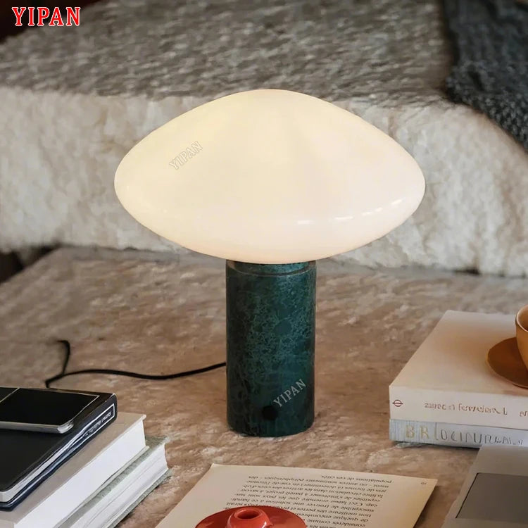 Glossy Opal Glass Dome Table Lamp, Green Marble Column Base, Rounded Mushroom Shade, 25 x 36cm, Bedside & Console Table