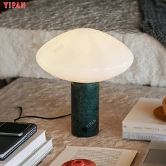 Glossy Opal Glass Dome Table Lamp, Green Marble Column Base, Rounded Mushroom Shade, 25 x 36cm, Bedside & Console Table