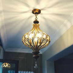 Bronze Metal Lantern Chandelier, 50cm, Scrolled Frame with Amber Crystal Drops, Wood Finial, Dining Room and Stairwell