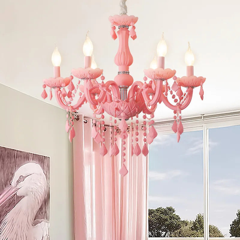 Pink Glass Candelabra Chandelier, 8 Lights, Scrolled Arms, Matching Crystal Drops, Chrome Accent Ring, 72cm Diameter, Bedroom & Living Room