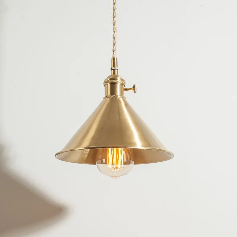 Brass Cone Pendant Light, Exposed Filament Bulb, 18cm Shade, Industrial Vintage Style, Dining Table & Home Office